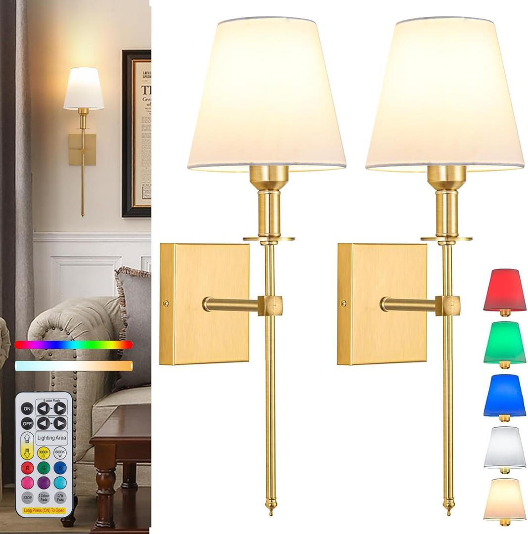 Wall Lights Battery Operated Wall Sconces Set Of 2,Gold Rechargeable Wall Light With Wireless Remote Dimmable,12 Colors Modes Cordless Battery Sconce Indoor Wall lamp for Bedroom Living Room Hallway (21 inch)