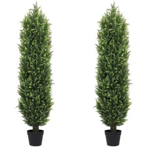 THE BLOOM TIMES 5FT Tall Artificial Cedar Topiary Trees Set of 2, UV Resistant Large Faux Cypress Evergreen Plants for Outdoor Planters, Realistic Fake Bushes & Shrubs for Front Porch Decor