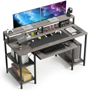 VERMESS Computer Desk- 48 Inch Home Office Desk with Keyboard Tray, 47" Gaming Desk with Full Monitor Stand & Storage Shelves & CPU Stand, Modern Study Writing Table with Shelf for Storage, Gray Oak