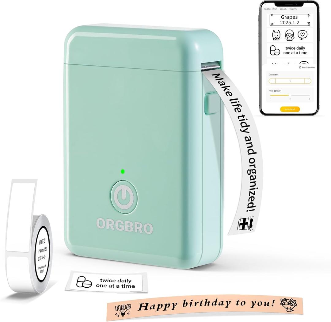 ORGBRO Label Maker Machine with Tape, X1 Portable Bluetooth Mini Label Printer, Support Pre-Cut & Continuous Label, Wireless Small Label Makers with Versatile App for School Home Office Organization (Green)