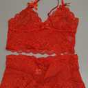 Lilosy Sexy Lace Pajamas Lingerie Set High Waist Sheer Sleepwear Bow Ties Cami Shorts Bra and Panty (Medium, Solid Red)