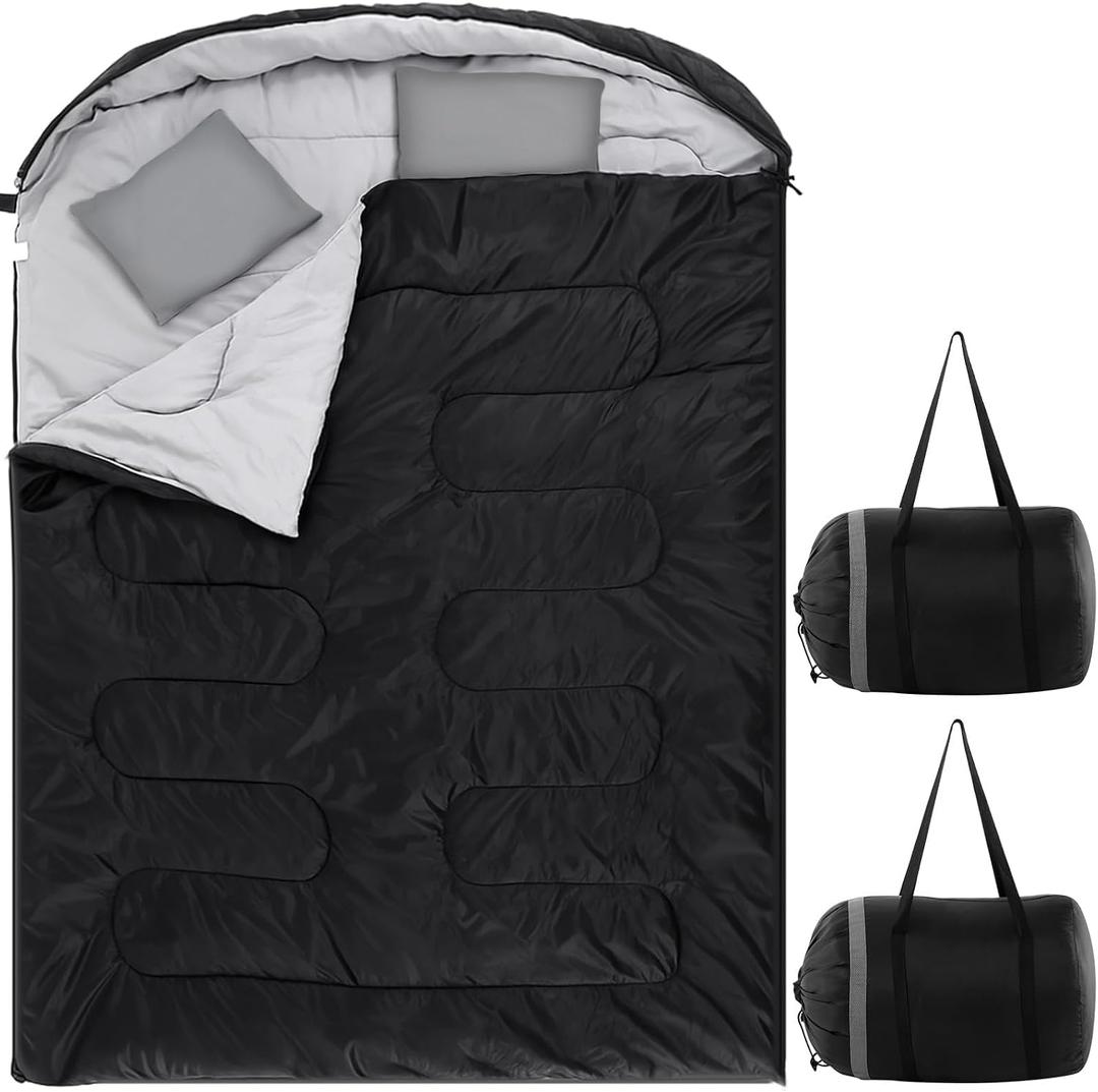 Tranqun 2 Pack Double Sleeping Bag for Adults, Queen Size Two Person Camping Sleeping Bag with Pillow Waterproof 3 Season Cotton Fabric for Hiking Backpacking Warm & Cold Weather, Sleeping Bags: 86.61 x 59.06 "