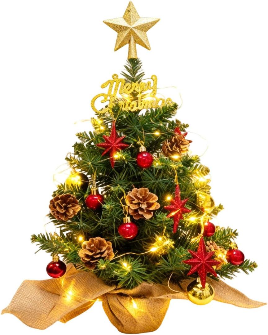 24 Inch Tabletop Mini Christmas Tree, Miniature Pine Christmas Tree with Hanging Ornaments, Battery Operated Artificial Xmas Tree, Best DIY Christmas Decorations (Gray)