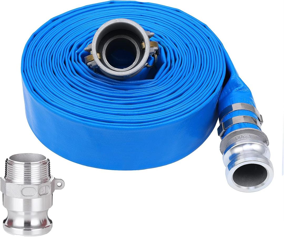 2" x 50ft PVC Lay Flat Discharge Hose With Aluminum Camlock C & E Fittings, Cam Lock Fitting Type F included, Heavy Duty Reinforced Pump Backwash Hose Assembly (2 in x 50ft)