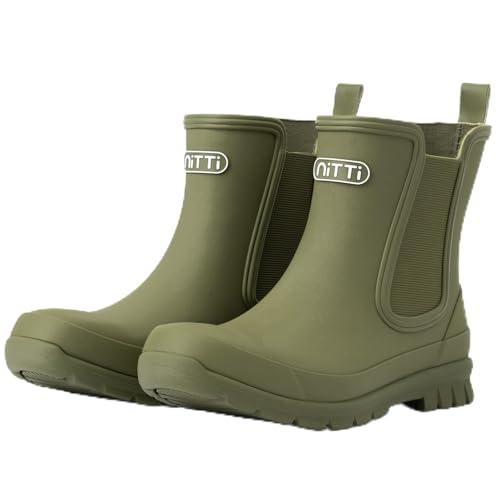 NITTI Women’s Waterproof Rain Boots, Short Rubber Chelsea Ankle Boots for Women, Slip-Resistant Garden & Outdoor Shoes with Comfortable Insole, Olive Green, 9