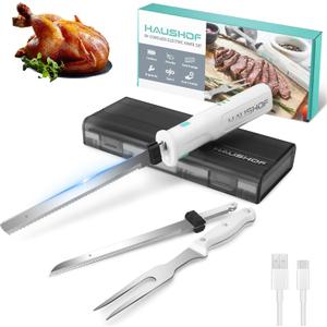 HAUSHOF Cordless Electric Knife Set for Meat Slicing, 8V Electric Carving Knife for Fish, Bread, Turkey, Rechargeable Meat Cutter with Reciprocating Stainless Steel Blades, Safety Lock & Storage Case (White)