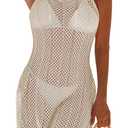 Pink Queen Womens 2026 Summer Crochet Swimsuit Cover Up Beach Bathing Suit Coverup Sheer Mesh Knit Tank Dress, Beige Size Small