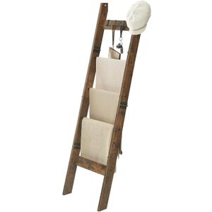 Blanket Ladder for Living Room, Decorative Quilt Rack with 4 Removable Hooks, 5-Tier Farmhouse Ladder Holder Shelf Organizer for Bedroom, Rustic Brown and Black 02101BBR