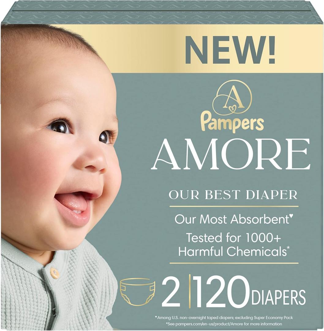 Pampers Amore, Size 2 (10-22 lbs), 120 Count, Our Best Diaper Hypoallergenic & Fragrance Free, Up to 100% Leakproof, Soft as Cashmere