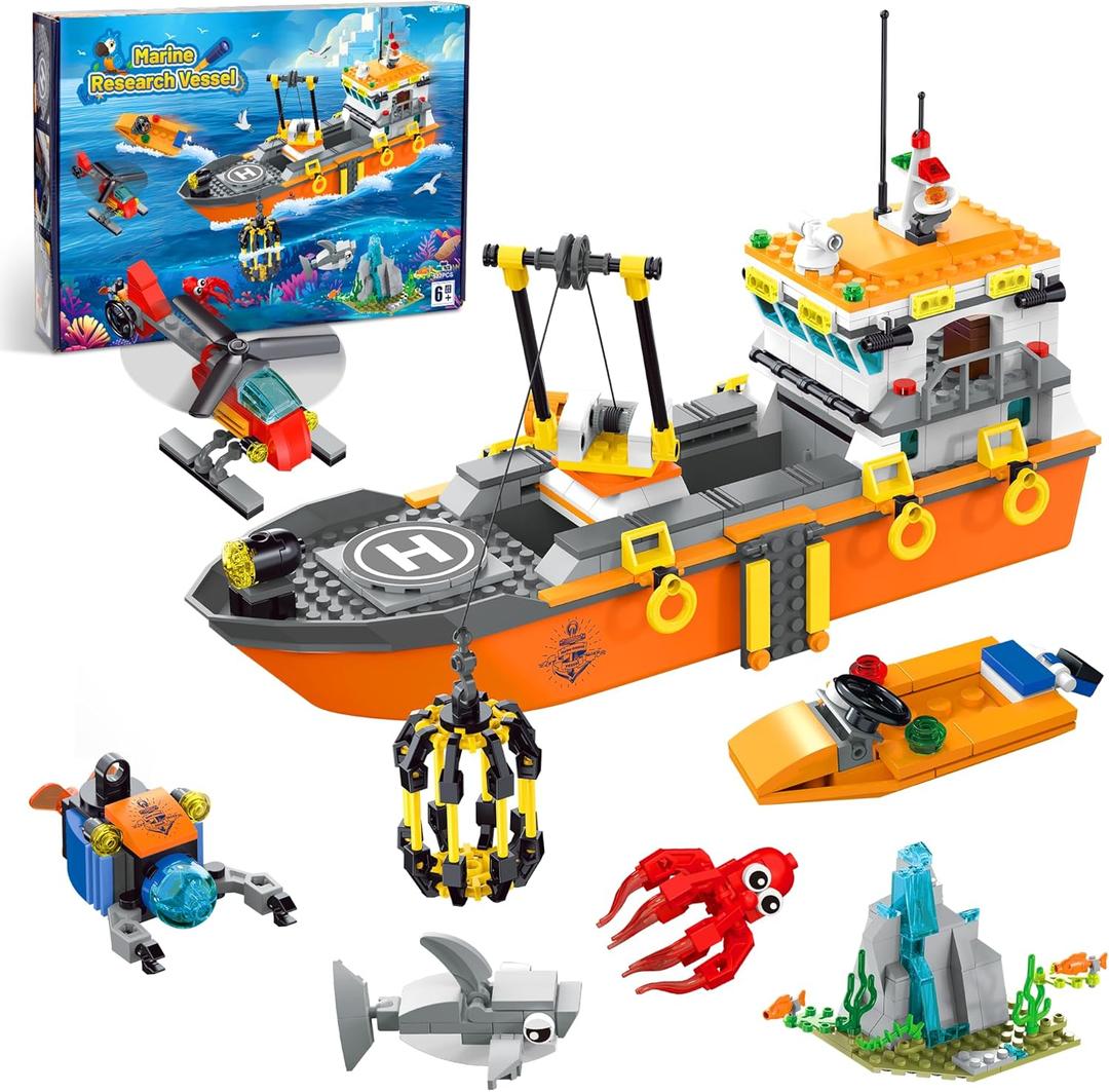 City Ocean Explorer Ship Building Set, Exploration Boat Set Toy Building Block with LED Lights, Helicopter, Submarine and Shark Cage, Birthday Gifts for 6 8 10 12 Years Old Boys Kids Girls