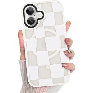 KANGHAR for iPhone 16 Case Checkered Matte Aesthetic Cute Pattern Magnetic [Compatible with Magsafe] Slim Shockproof Full Body Protection for Girls Women -White