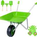 Kids Wheelbarrow Set Metal, Child Wheel Barrel Green Easy to Assemble and Kids Gardening Tools Kit, Garden Toys with Small Wheel Barrow, Outdoor Indoor Toys Gift for Children