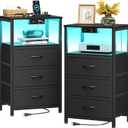 Casaottima Night Stand Set 2, Bedside Tables with Charging Station, LED Nightstand with Fabric Drawers, End Table with Open Shelf, Nightstand for Bedroom, Black