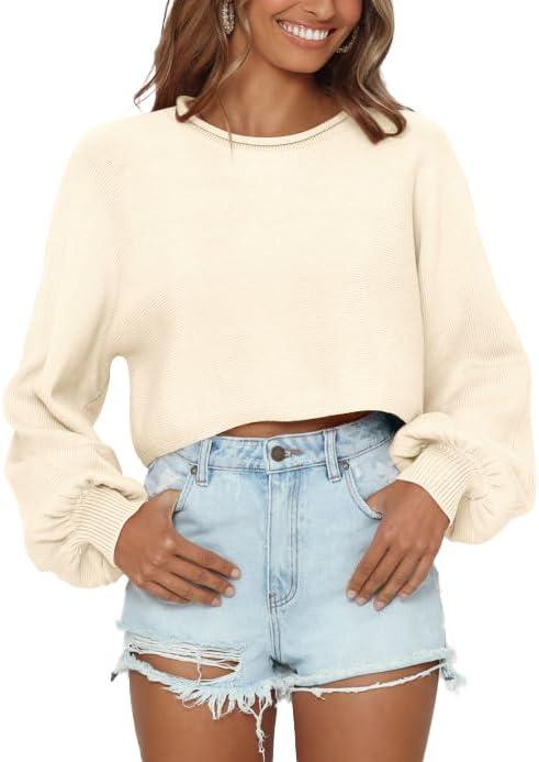Imily Bela Cropped Sweaters for Women Lantern Long Sleeve Crop Top Slouchy Trendy Loose Crewneck Pullover Sweater (L, Off-white)