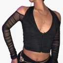 Lancifolium Women’s Halter Long Sleeve Crop Top Y2k Deep V Neck T Shirts Black S