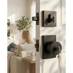 Haidms Black Exterior Door Lock Set with Deadbolt, Zinc Alloy Matte Black Front Door Knob with Lock, Heavy Duty Deadbolt Lock and Door Knob Set with Lock and Key, Reversible Entry Hardware (1 Pack)