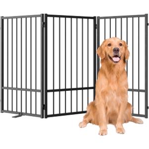 SNUOWU Full Metal Freestanding Dog Gate with Door, 32''Height Foldable Pet Dog Fence for Indoor & Outdoor, 3 Panels Extra Wide Free Standing TallDog Gates for Doorways,House,Stairs,Porch,Deck,Yard
