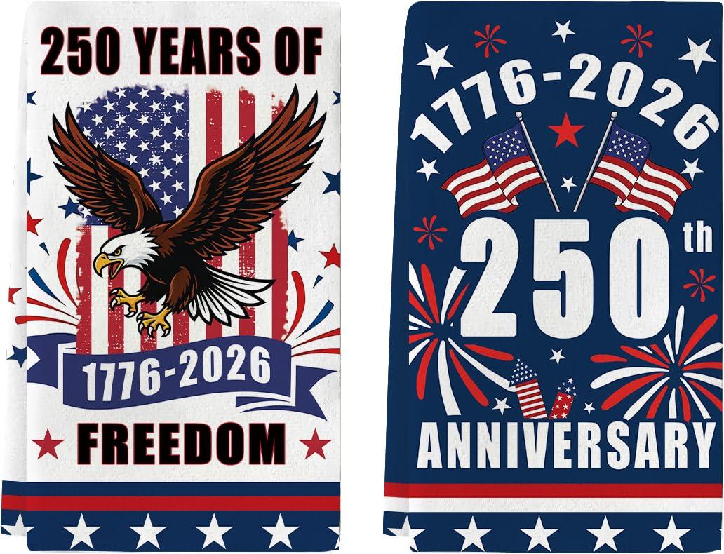 2 Pack 250th Anniversary USA Patriotic Hand Towels 4th of July Bathroom Decorative Cotton Soft Absorbent Decorative Soft Hand Towel Set for Kitchen Drying Cleaning Cooking Holiday 13.7'' x 29.5''