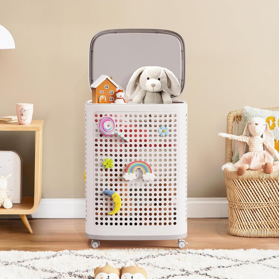 DTK Toy Box Storage with Wheels, Large Toy Chest for Kids Organizer, Baby Toy Box for Boys, Girls, Mobile Toy Chest Storage Organizer for Bedroom, Living Room, Nursery, White