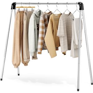 Clothes Drying Rack, Foldable Drying Rack Clothing, Stainless Steel Laundry Rack, Free-Standing, Indoor Outdoor Use with Travel Friendly Design, Collapsible for Home, Camping, Theater, RV Use, Black (55 inch)