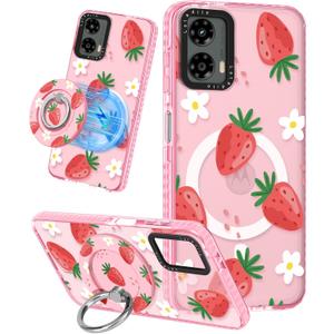 Lotadilo Cute Case for Moto G 5G 2024 for Women Girls - Funny Strawberry Flower Design Compatible with Magsafe Ring Holder Magnetic Stand Kickstand Fashion TPU Phone Covers Kawaii