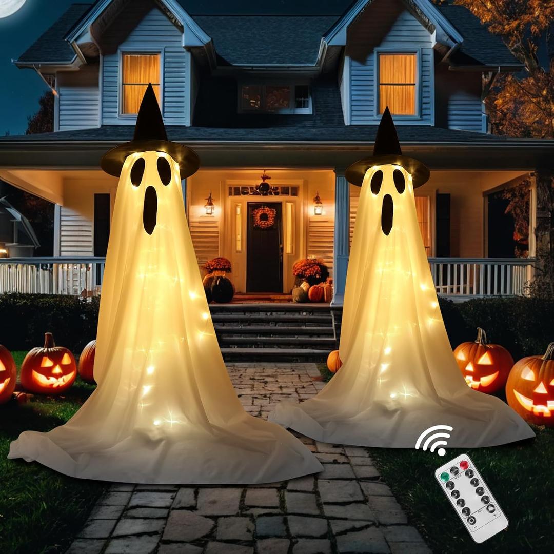 2Packs Halloween Decorations Outdoor,Halloween Party Decorations Indoor,Spooky Ghost with Remote Control String Lights, Scary Ghosts Decor with LED Lights for Porches Yards Gardens Lawn Home
