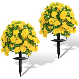 Artificial Flowers for Outdoors, Faux Outdoor Plants Fake Plants Topiary Balls Artificial Outdoor Set of 2 with Ground Spike for Home Front Porch Patio Garden Decor (Yellow)