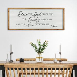 ZZJJHYWGQ Bless The Food Before Us Wall Decor Kitchen Christian Blessing Sign 32"12" Christian Grateful Family Quote Farmhouse Dining Room Large Catholic Wooden Frame Wall Hanging Art (Wood)