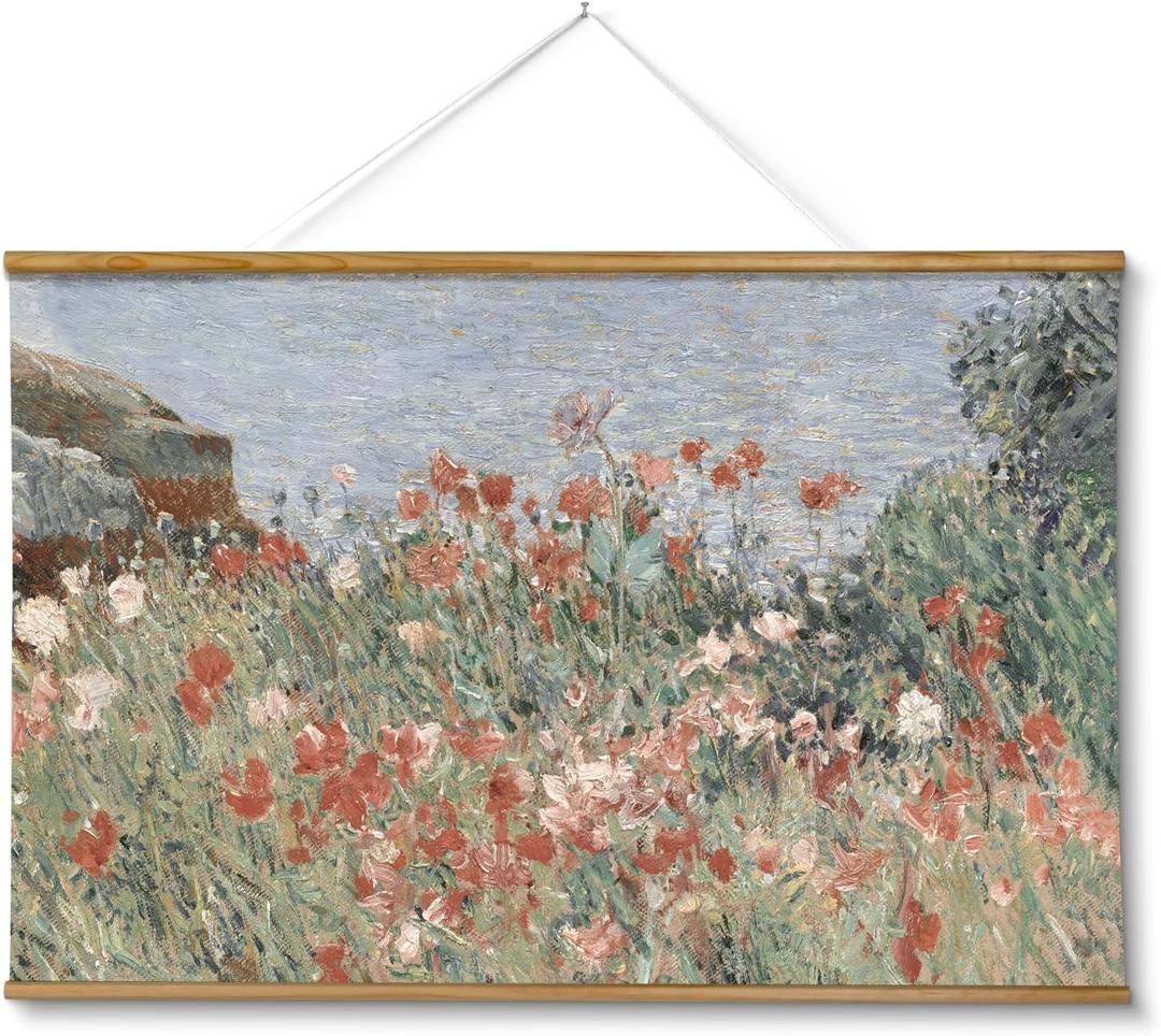 ARPEOTCY Extra Large Vintage Framed Wall Art, 36x54 Inch Retro Seaside Wildflower Hanging Framed Canvas Print Artwork, Rustic Landscape Living Room Decor, Farmhouse Above Bed Wall Decor (Beachside Poppies)