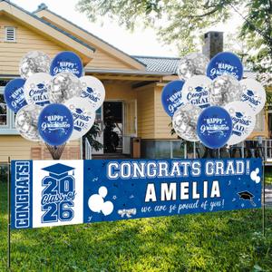 Graduation Party Decorations, Blue and White Personalized Class of 2026 Graduation Banner with 78 Alphabet Stickers and Balloons, Congrats Banner for College High School Party Supplies