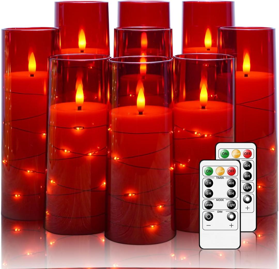 Flickering Flameless LED Candles,Battery Operated Candles 9 Pcs with Embedded Star String,Acrylic LED Pillar Candles with Remote,Suitable for Home Decoration to Create an AtmosphereRed