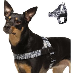 Dog Friendly Co. Dog Harness | Chafe Resistant Webbing, Adjustable Neck & Chest, and Heavy Duty D-Ring | Sturdy, Comfortable, Easy to Use | Grey Camo, Size M