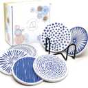 AD Set of 6 Coasters for Drinks Absorbing Round Ceramic Stone Coaster with Cork Base,Tabletop Protection Mat for Mugs and Cups,Office,Kitchen (Doris 2 with Holder)