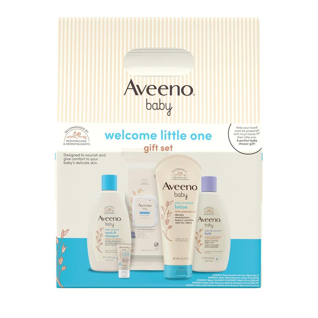 Aveeno Baby Welcome Little One Gift Set, Skincare Set with Nourishing Body Wash & Shampoo, Calming Bath Wash, All Over Wipes, Daily Moisturizing Lotion, & Balm, 5 Items