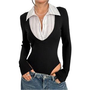 SOLY HUX Women's Striped Long Sleeve Bodysuits Button Down Tshirts Collared 2 in 1 Tops Preppy Clothes, Medium