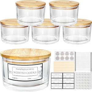CONNOO 24oz Clear Glass Candle Jars 6 Pack, Multi-Wick Wide Mouth Empty Bulk Candle Containers for Making Candles with Airtight Bamboo Lids, Sticky Warning Labels, Wick kit- Dishwasher Safe