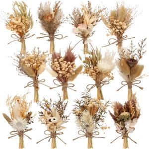 Layhit 12 Pcs Boho Dried Flower Bouquet Mini Wedding Handmade Dry Flowers Decor for Vase Crafts DIY Photo Boutonniere for Men Floral Plant for Bridesmaid Gift Birthday Decor(Rustic)