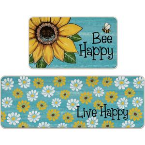 Spring Summer Flower Bee Happy Kitchen Rugs Set of 2, Live Happy Sunflower Floral Blue Kitchen Mats Decor, Seasonal Floor Door Mat Home Decorations -17x29 and 17x47 Inch
