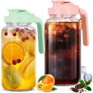 Glass Pitcher with Lid, 64 OZ Mason Jar Pitcher Double Leak Proof, 2 Quart Breast Milk Storage Containers for Fridge, Wide Mouth Glass Jar for Sun Tea, Juice, Cold Brew Coffee (Pink+Green)