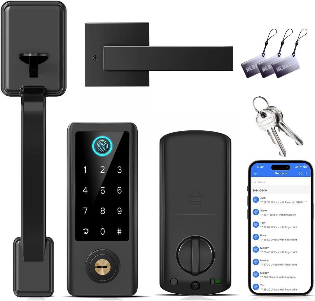 BEBASIA Fingerprint Door Lock for Front Door with Handle Set, App Control, Smart Keyless Entry Digital Electronic Keypad Touchscreen Deadbolt, Easy Install, Auto Lock, Black