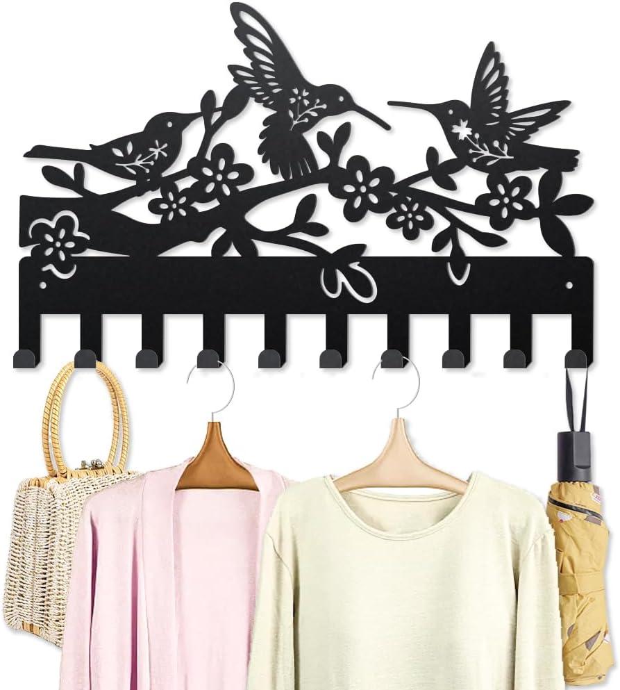 MAYJOYDIY Metal Hummingbird Flower Coat Rack Wall Mount Bird Tree Branch Coat Hooks 15.79.8inch 10 Hooks Nature Animal Key Holder for Wall Art Decor Gift Black Key Hooks for Coats Hats Towels Bags