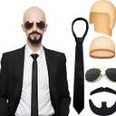 Mepase 5 Pcs Halloween Mr World Costume Accessories Bald Cap Glasses Black Tie Mustache Set for Women Men Halloween Cosplay