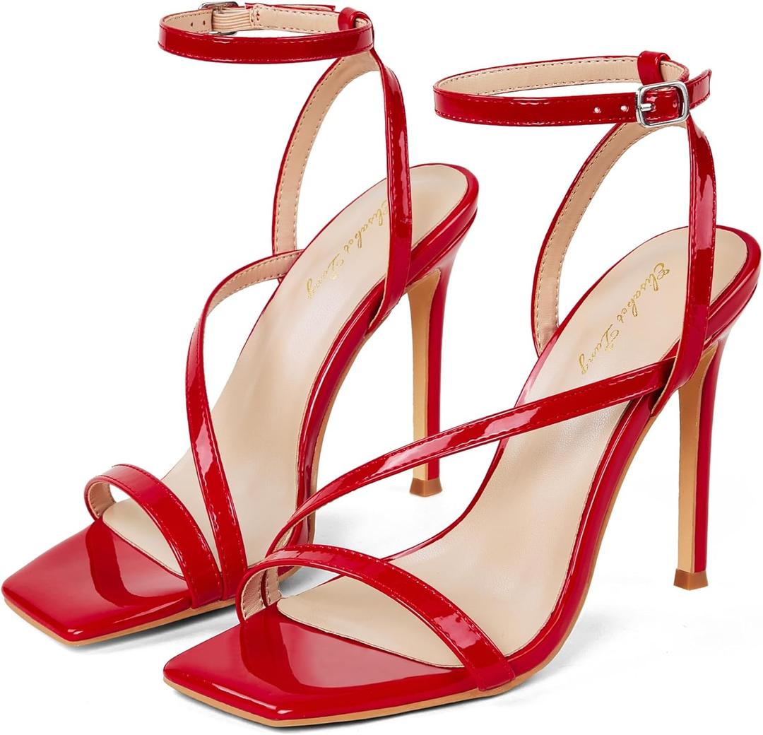 Elisabet Tang Womens Crystal Stilettos Heeled Sandals, 4 Inch Square Open Toe Strappy Sexy High Heels Ankle Strap Buckle Heels for Party Wedding Dress Daily Wear Shoes (9.5, Red)