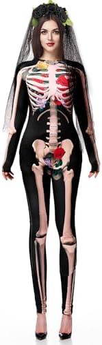 Xtinmee Women's Day of the Dead Costume with Veil Headband Halloween 3D Skeleton Costume Set for Cosplay Party, Free Size 
