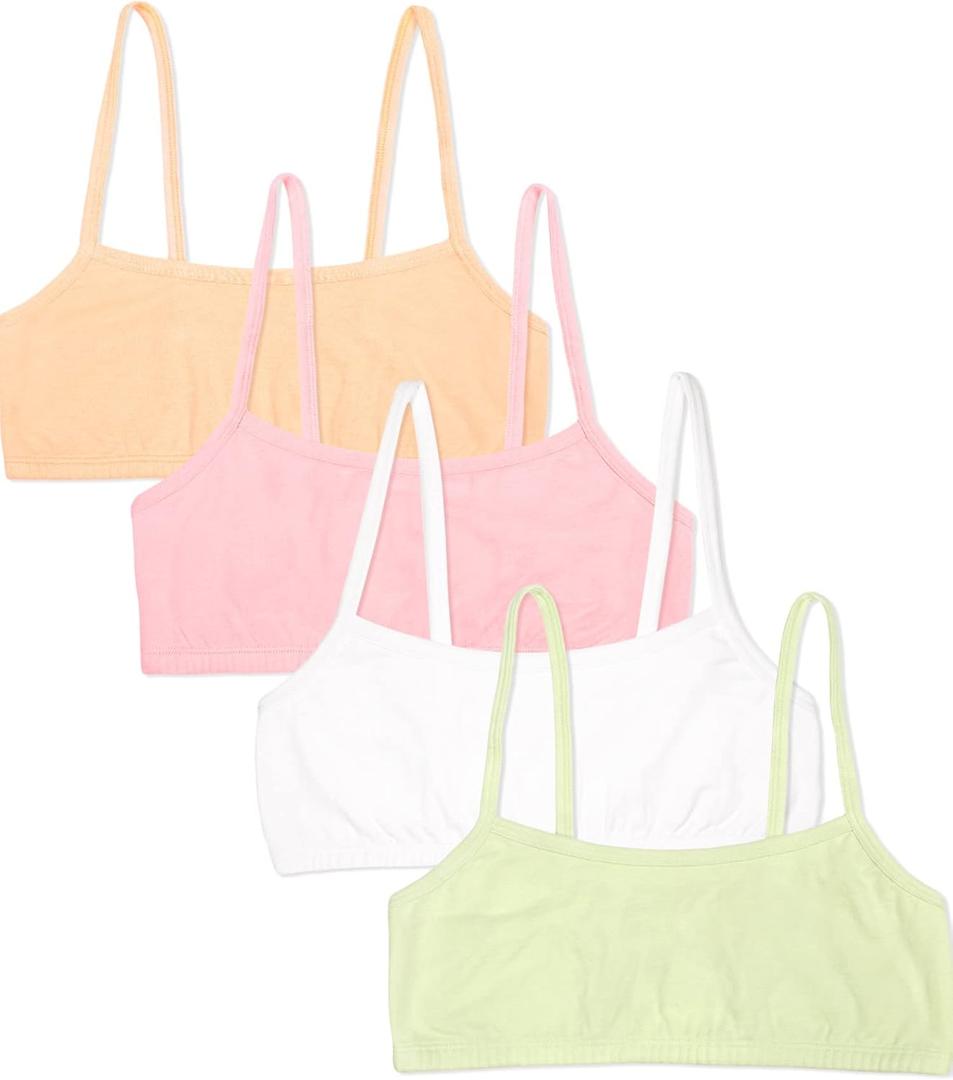 Fruit of the Loom Girls' Cotton Spaghetti Strap Sport Bra (38, Lentil/Mango/Pink/White)