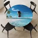 Palm Tree Hawaii Beach Round Fitted Tablecloth Elastic Edged Plastic Table Cover Coconut Palm Waterproof Wipeable Table Cloth Tablecloth Fits Tables up to 36"-42"