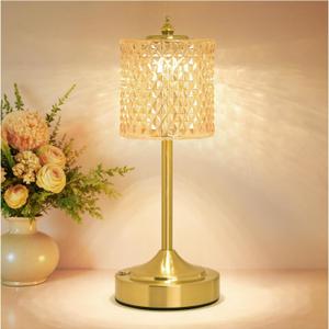 Cordless Crystal Table Lamp, 5200mAh Rechargeable Battery, 3 Color Dimmable Touch Control, Portable Vintage Gold Desk Lamp for Bedroom, Nightstand, Living Room, Home Decor (Amber)