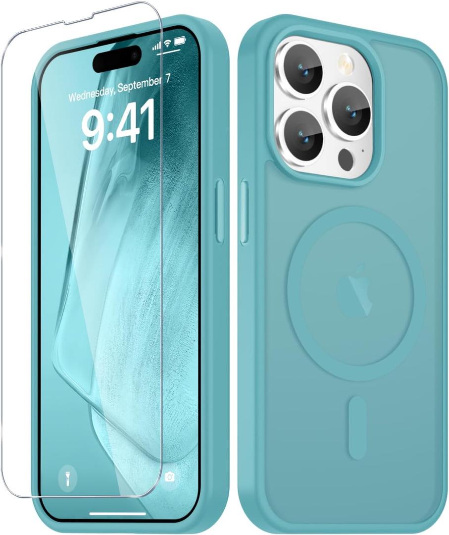 for iPhone 14 Pro Case, Matte Magnetic Phone Cover [with 1 Screen Protector] [Support for MagSafe] [Shockproof Military Grade Protection] Translucent Frosted Back, Light Blue