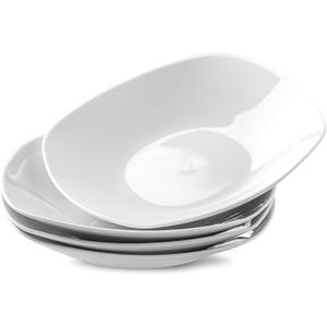 fMBB Ceramic Large Soup Bowls, 8.6 Inches, Modern 4-Piece Deep Salad Plates Set, Porcelain Square Plates, for Fruit, Cereal, Dessert, Snack - White