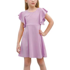GORLYA Girl's Flutter Sleeve Stretchy A-Line Swing Flared Skater Party Dress with Pockets for 4-12 Years Kids (Pink)